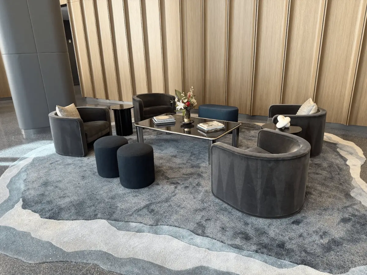 Lounge seating on a deep-cleaned area rug in a commercial space